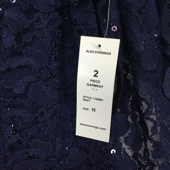ALEX EVENINGS Sequined Lace Sheath Navy Blue Dress and Jacket Sz 10 - Picture 6 of 13